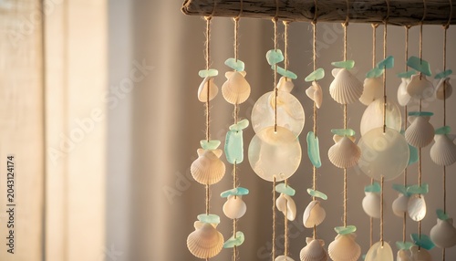 Handcrafted coastal beach shell wind chime hanging in a warm sunlit room, embodying peaceful home decor and tropical relaxation concept