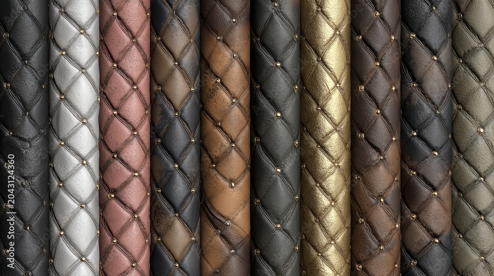 Naklejka premium luxury quilted leather textures in various metallic shades like silver, gold, rose gold, brown, and black, arranged in vertical rows with tiny gold stud details for elegant fashion background