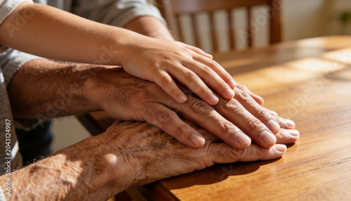 Placing child longsleeve, adult gray longsleeve, Senior hands resting on home table in warm light