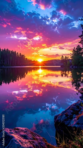 A serene lake at sunset with vibrant colors reflecting on water