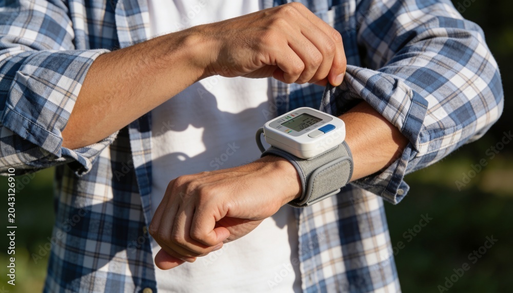 Naklejka premium Adjusting man in plaid shirt lifting sleeve and checking wrist BP cuff in sunny park