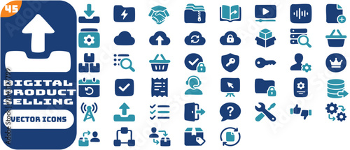 Canvastavla Digital product selling icon set featuring download, shopping cart, secure payment, file formats PDF, ZIP, video course, cloud storage, and online support symbols