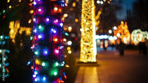 Vibrant holiday lights illuminating trees at night, creating a joyful festive atmosphere