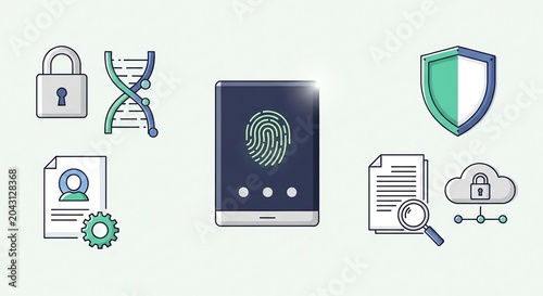 Biometric security icons, fingerprint authentication symbols, cybersecurity graphics, digital protection signs
