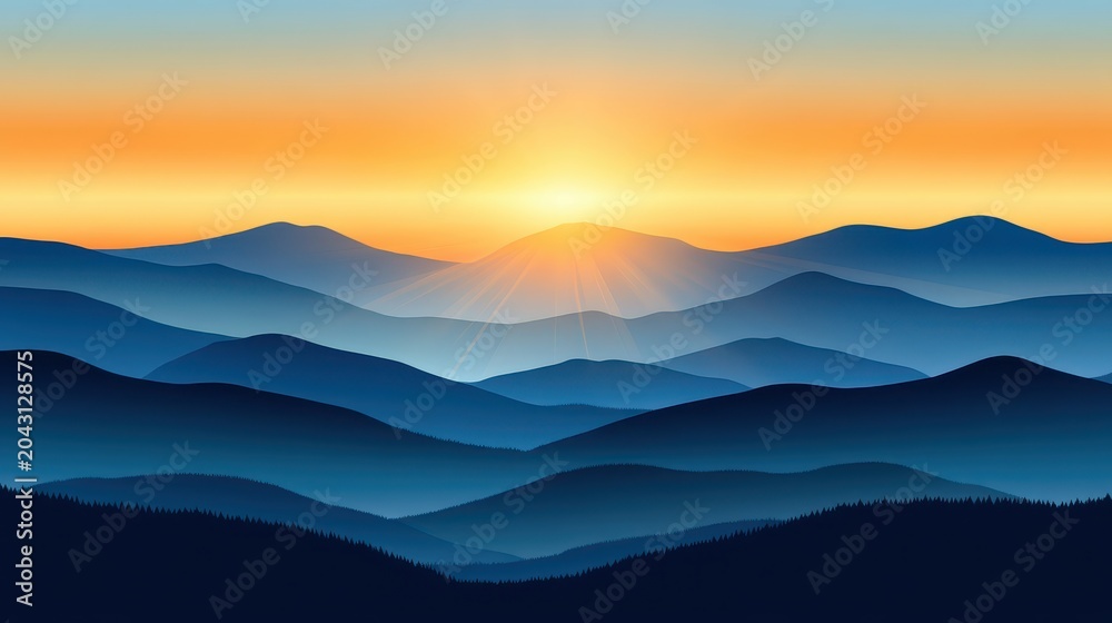 Fototapeta premium Vibrant sunrise over layered mountains illuminating the landscape with warm golden light and serene tranquility.