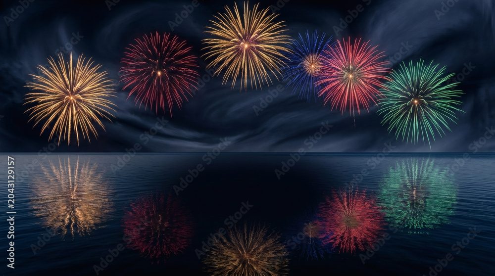 Fototapeta premium Vibrant fireworks display over dark water, colorful pyrotechnic celebration, festive night sky reflection