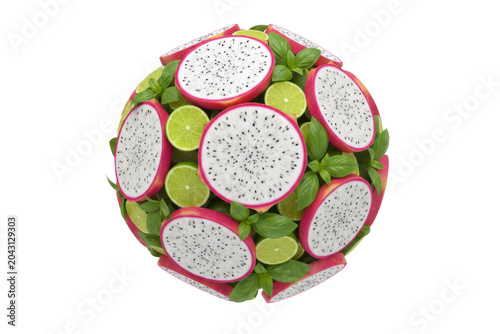 Dragon Fruit, Lime and Basil Composition Isolated on Transparent Background