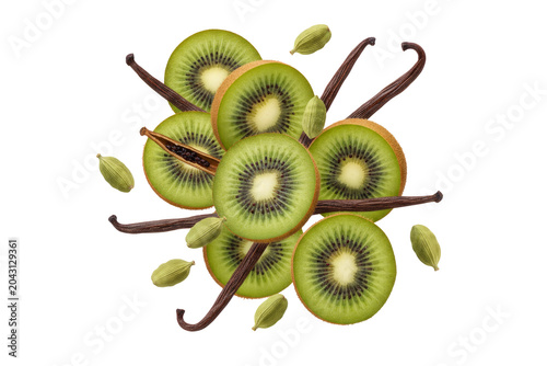 Kiwi Slices With Vanilla Pods and Cardamom Spices on transparent background, Fresh Tropical Fruit Composition