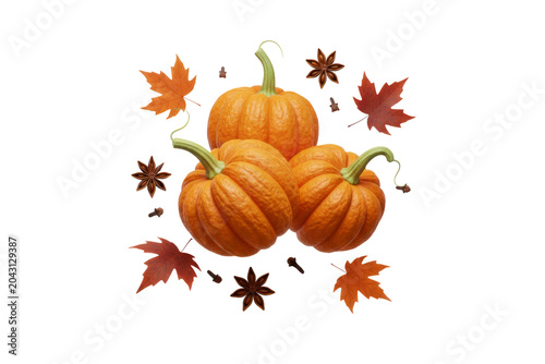 Autumn Pumpkin Arrangement with Maple Leaves and Star Anise Isolated on Transparent Background