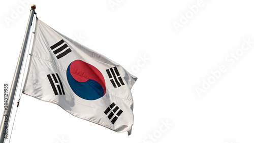 Bild auf Leinwand National flag of South Korea waving on silver flagpole isolated on transparent b