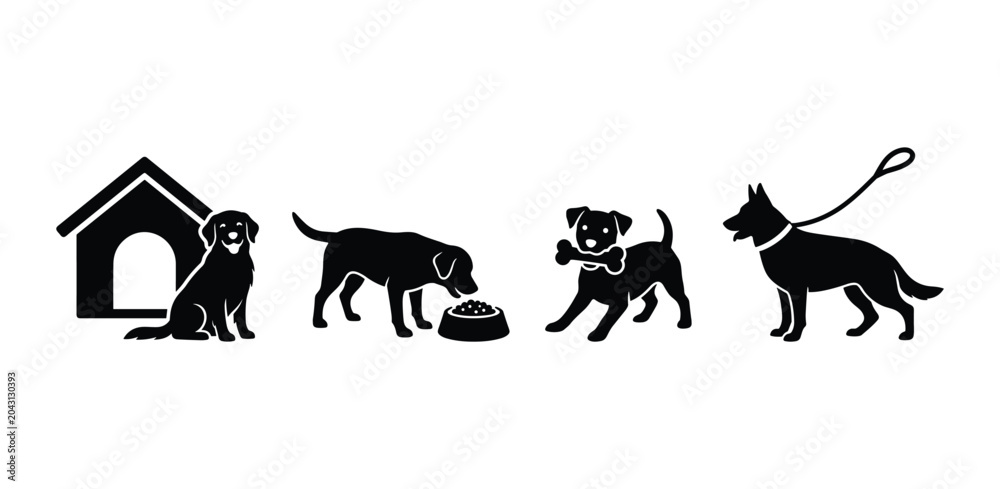 Fototapeta premium Dogs and Pet Supplies Silhouettes - Doghouse, Food Bowl, Bone, and Leash Vector Set