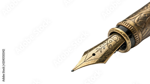 Tableau sur toile Close up macro view of a sharp golden metallic fountain pen nib isolated on tran