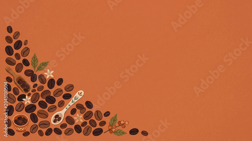 テラコッタ背景の隅にコーヒー豆を配置したミニマルなイラストです。
温かみのある色彩がクラフト感のある雰囲気を演出します。