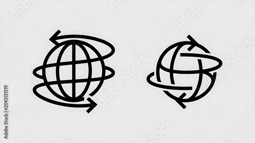 Black line art globe icons, rotating earth symbols, circular arrows, simple illustrations, business concepts