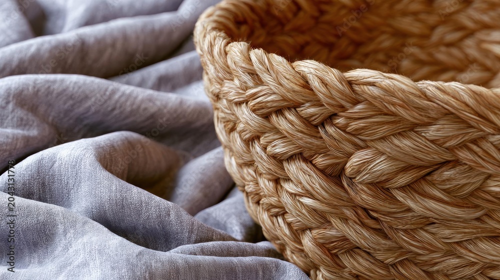 Obraz premium Close-up of a woven basket. the basket is made of light-colored wood and has a woven texture. it is placed on a bed with a gray fabric draped over it.