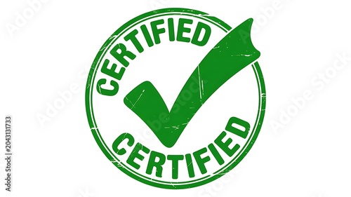 Green certified stamp, checkmark seal, approval icon, verified badge, quality guarantee