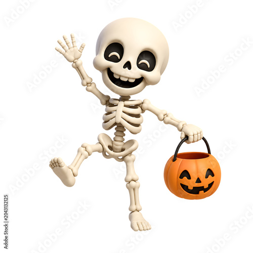 Cute Skeleton Holding Jack O Lantern Bucket Isolated on Transparent Background