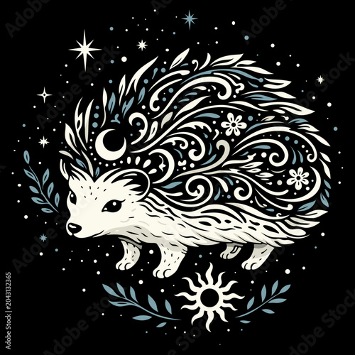 Ornamentaler Igel mit Mond und Sternen als mystische Vektor Illustration