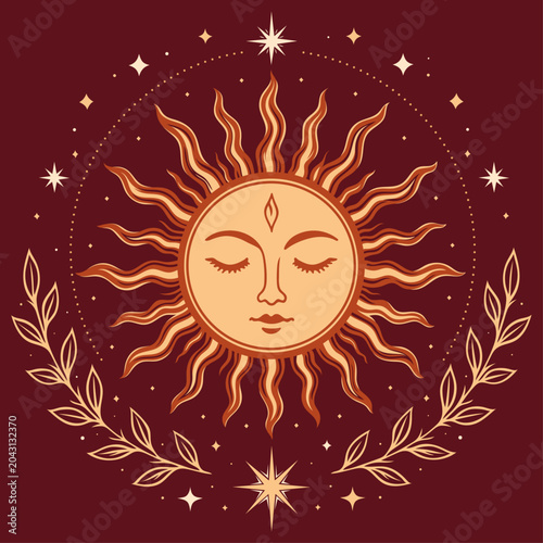 Mittsommer Sonne mit Sternen und floralen Elementen als Litha Vektor Illustration