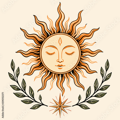 Mittsommer Sonne mit floralen Elementen als Litha Vektor Illustration