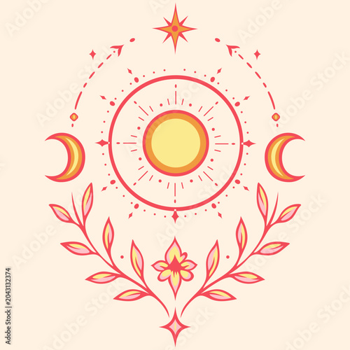 Mittsommer Sonne mit Sternen und Monden als Litha Vektor Illustration