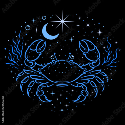 Blauer Krebs mit Mond und Sternen als maritime Vektor Illustration bei Nacht