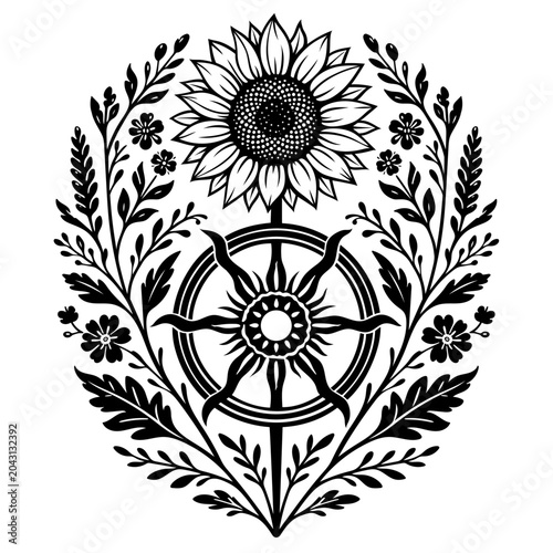 Mittsommer Sonnenblume mit achtspeichigem Rad als Litha Vektor Illustration. Sommer Design.