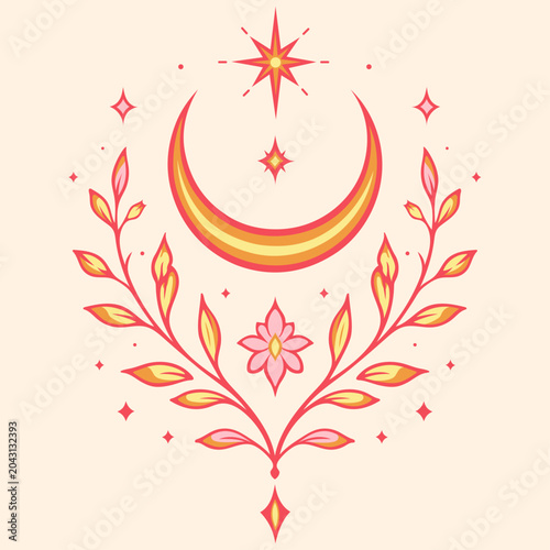 Mittsommer Mond mit Stern und floralen Elementen als Litha Vektor Illustration