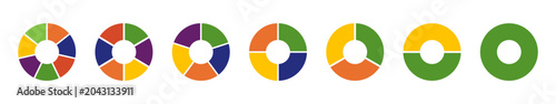 Multicoloured diagrams infographic. Circle section graph. Wheels divided in sections. Loading bar mockup. Pie or pizza chart layout. Multicolored donut chart, pies segmented on from 1 2 3 4 5 6 7 equa
