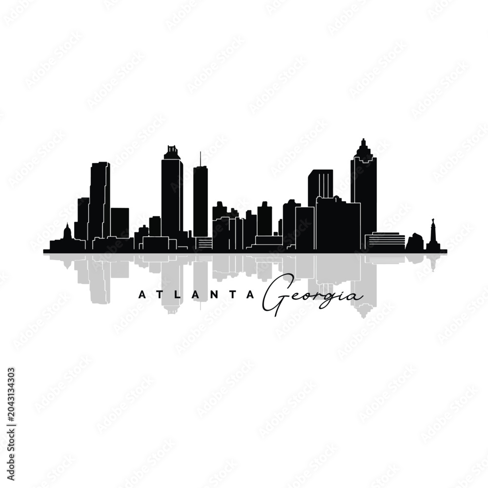 Obraz premium Atlanta Skyline with Reflection Black and White Vector Illustration