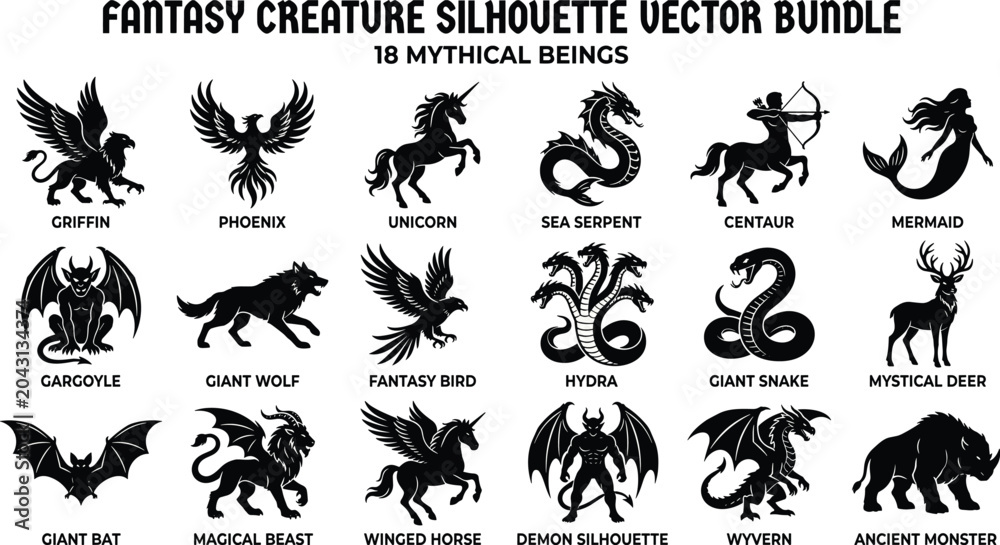 Φωτογραφία Fantasy Creature Silhouette Vector Collection with Mythical Monsters and Legenda