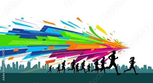Tableau sur toile People Running in City Silhouette Sprint.