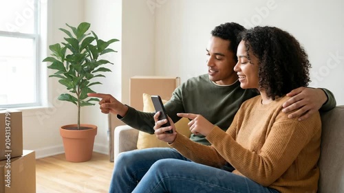 African american woman and man using augmented reality app on smartphone to decorate living room interior. Couple planning home renovation with digital technology.