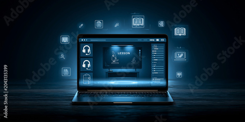 Online science lesson on laptop with digital icons