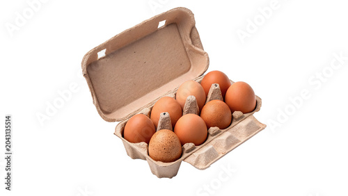 Foto Open cardboard egg carton box filled with fresh brown chicken eggs isolated on t