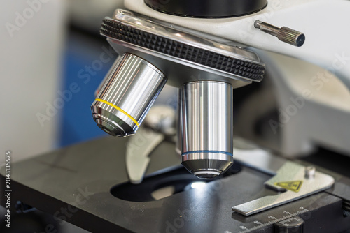 Close Up Shot of Optical Microscope Objective Lens in Laboratory