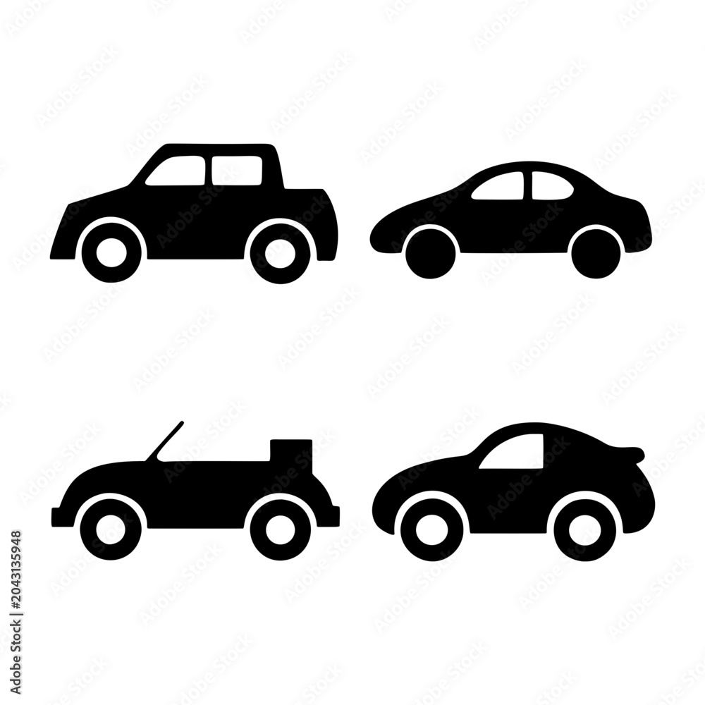Fototapeta premium Car Icon Collection: A graphic representation featuring four distinct black car icons, showcasing a variety of vehicle silhouettes from different angles and styles.