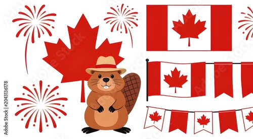 Beaver wearing a hat stands next to a large maple leaf, Canadian flags, and festive fireworks display designs.