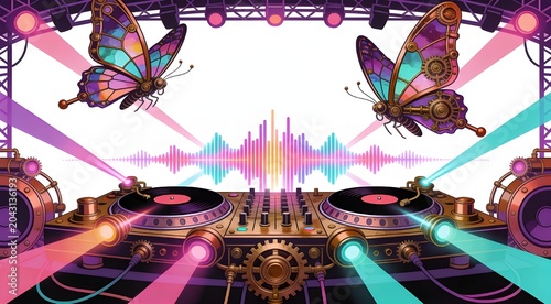 DJ deck sits at the center of a musical stage adorned with two vibrant stained glass butterflies and colorful spotlights.