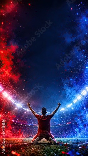 Football Player Celebrating Victory In Stadium Under Dramatic Lights With Copy Space