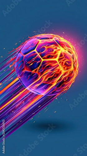 Fiery Neon Football Ball Flying with Glowing Energy Trails on Blue Background
