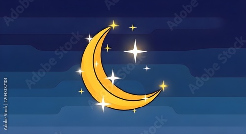 Crescent moon shines brightly against a deep blue night sky filled with shimmering golden stars.
