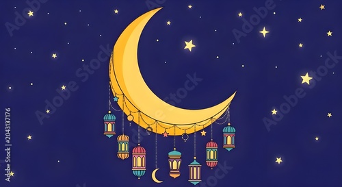 Lanterns hang from a large crescent moon creating a festive display for spiritual celebrations.