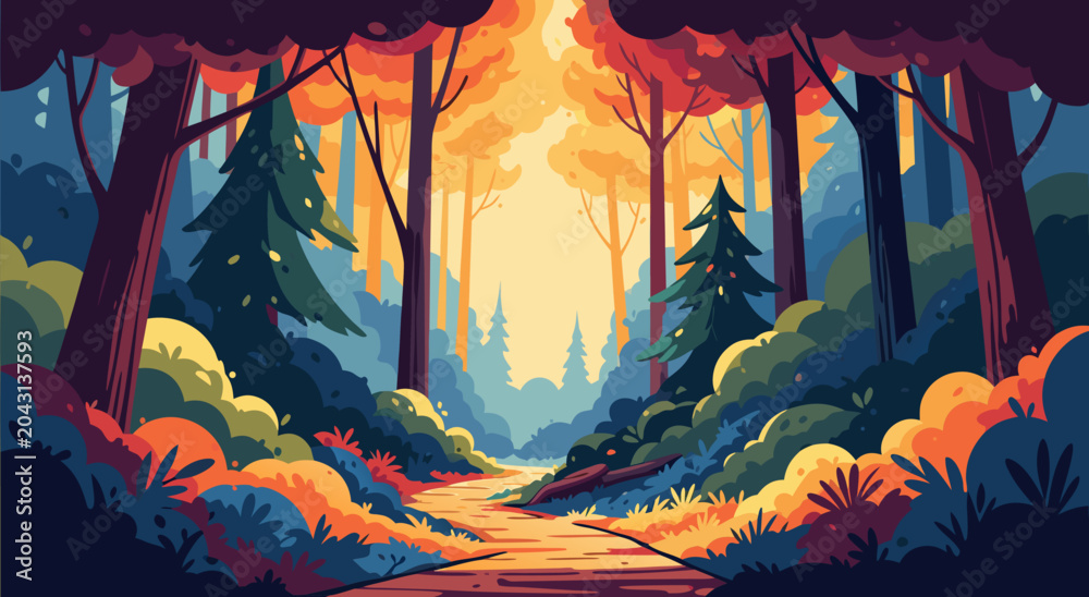 Obraz premium Vibrant autumn forest path landscape vector illustration with glowing trees and foliage during golden hour