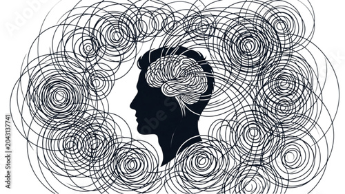 Valokuva Human Head Surrounded by Infinite Circular Loop Lines – Repetitive Anxious Think
