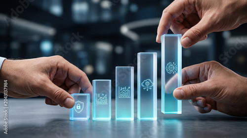 Digital workforce skills transformation concept hologram bar chart glow hand data security growth analytic icon artificial intelligence future technology office background