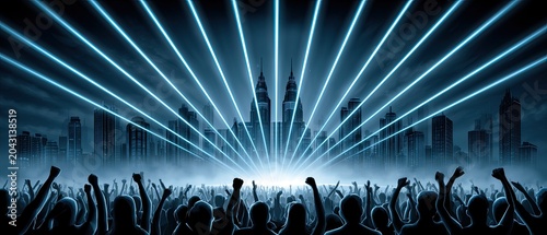 Futuristic Sports Event Crowd with Blue Laser Lights and Modern City Skyline Background