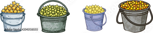 A whimsical metal garden bucket brimming with glowing yellow stars, rendered in a cute child-drawn style against a solid white background, exudes a cheerful and vibrant atmosphere