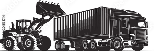 Foto Front loader loading container truck, industrial transport operation, heavy mach