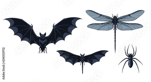 Canvastavla Black Bat Spider Dragonfly Insects.